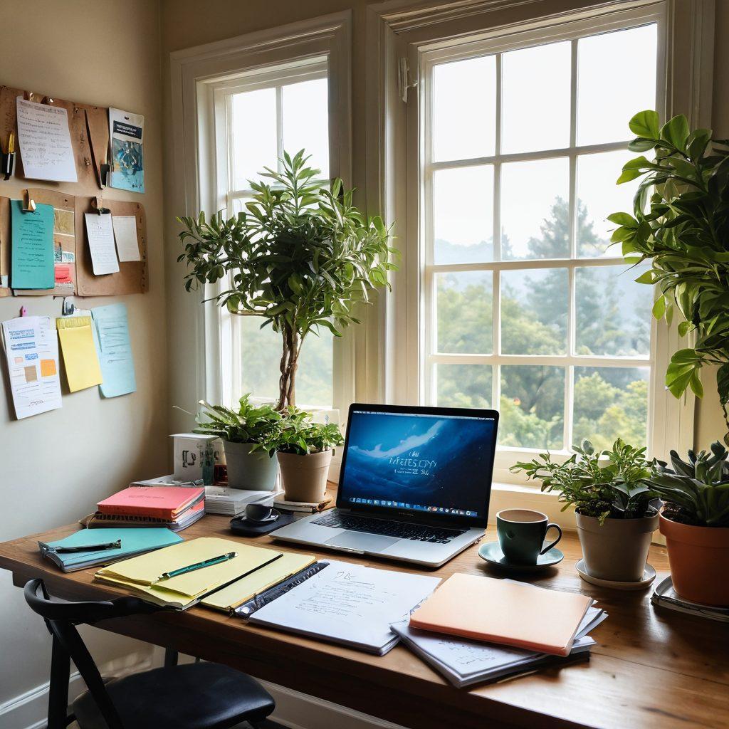 A cozy workspace featuring an elegant desk with a laptop, stacks of colorful notebooks, and a steaming cup of coffee. A wall covered in inspirational quotes and a large window showing a sunny landscape outside. Soft lighting creates an inviting atmosphere, with plants and writing tools scattered around. The focus is on creativity and productivity. super-realistic. vibrant colors.