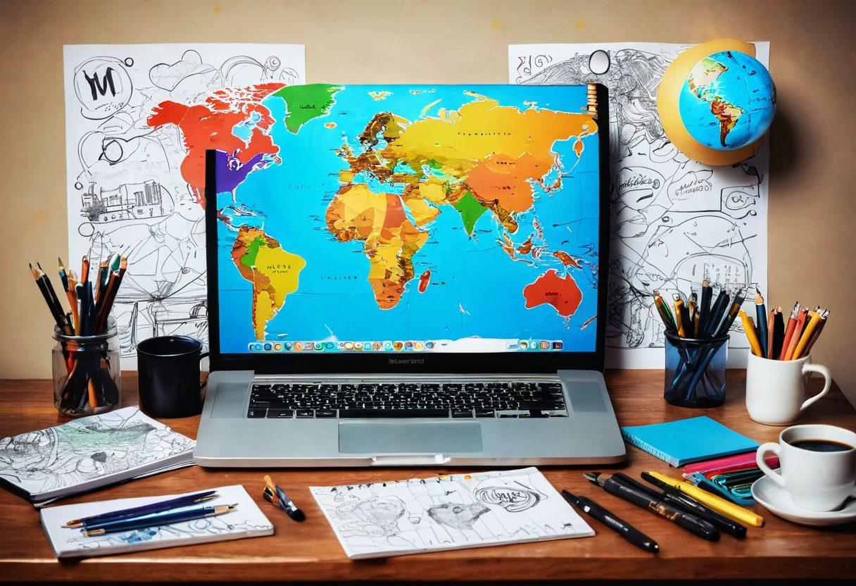 A creative workspace filled with vibrant blogging tools like a laptop, colorful notebooks, and a cup of coffee, surrounded by art supplies like paintbrushes and sketchpads. The background features a world map, symbolizing global reach, and floating text bubbles with ideas and inspiration. The scene should exude creativity and inspiration, with warm lighting. super-realistic. vibrant colors. 3D.
