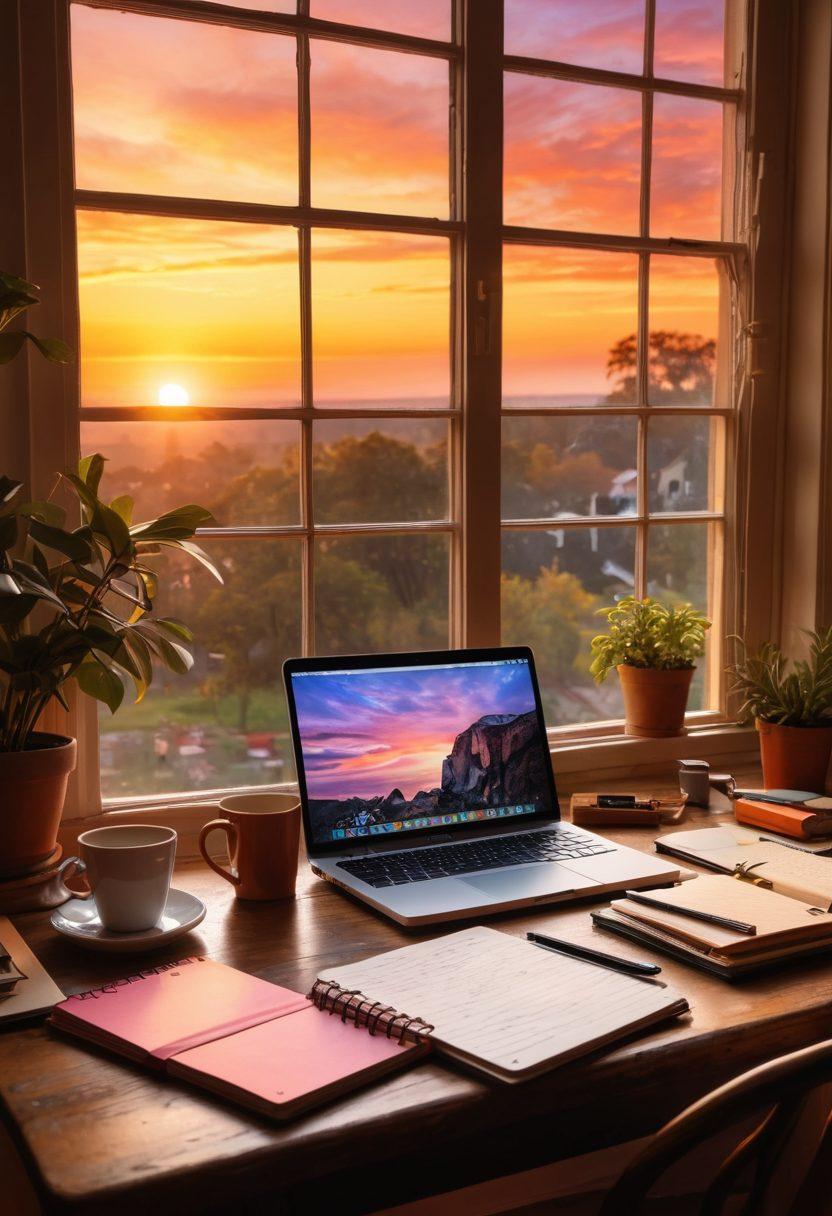 A serene workspace featuring a laptop open to a blog page, a steaming cup of coffee, and various essential writing tools like notebooks, pens, and a smartphone. A dreamy backdrop of a vibrant sunset through a window symbolizes creativity and inspiration. Warm, inviting colors radiate a sense of productivity and passion for blogging. super-realistic. vibrant colors. cozy atmosphere.